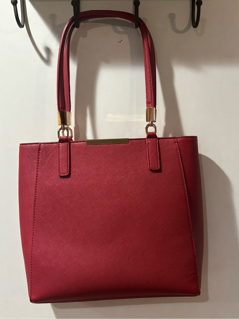 Madison West Red Saffiano Vegan Leather Tote Bag Gold Hardware